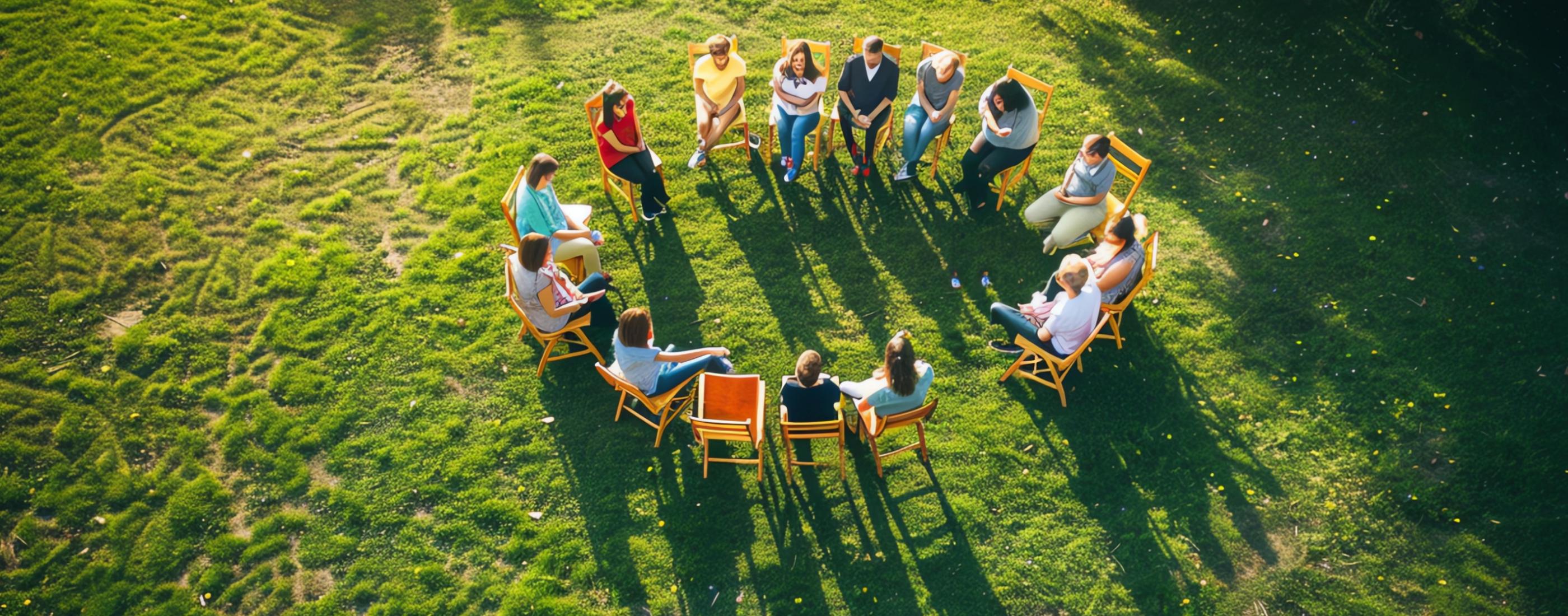 Skats no gaisa, kurā redzama cilvēku grupa, kas sēž aplī uz krēsliem uz zaļas zāles. Vide ir neformāla un relaksēta, radot diskusijas noskaņu.