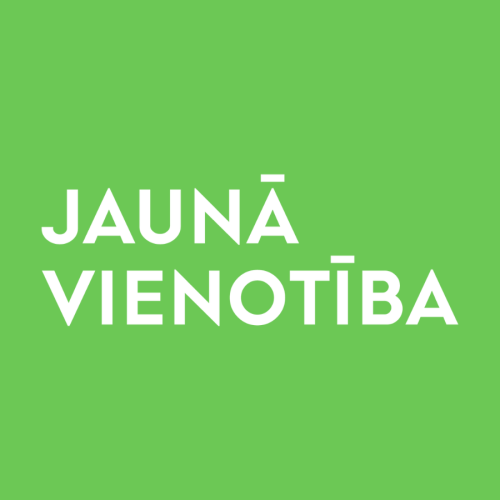 Triju krāsu (zaļa, zila un gaiši zaļa) savīta virtene, apakšā uzraksts JAUNĀ VIENOTĪBA.