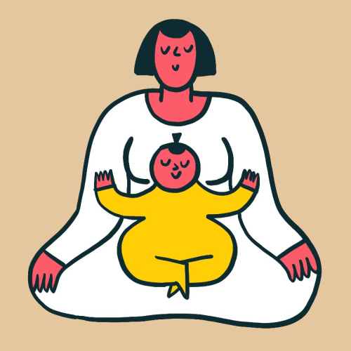 Ilustrācijā māte sēž meditācijas pozā ar mazu bērnu klēpī