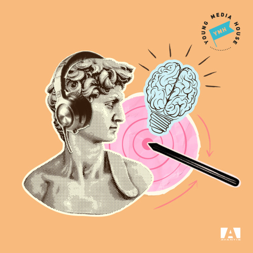 Grafisks mākslas darbs ar oranžu fonu, uz kura kolāžas veidā attēlota melnbalta statujas galva ar austiņām, rozā šautriņu mērķi un melnu zizli, kā arī melnbaltu spuldzi, kuras stikla kupols ir smadzeņu formā.
