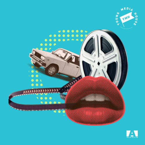 Grafisks mākslas darbs ar tirkīzzilu fonu, uz kura kolāžas veidā aplī attēlots melnbalts žigulis no filmas "Limuzīns Jāņu nakts krāsā", 35mm filmas lenta, no kuras lenta izrullējusies un ierullējas kaislīgās sarkanās lūpās.