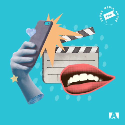 Grafisks mākslas darbs ar tirkīzzilu fonu, uz kura kolāžas veidā aplī attēlota roka, kas tur telefonu un taisa smaidošas mutes selfiju ar zibspuldzi, fonā kino klapīte.