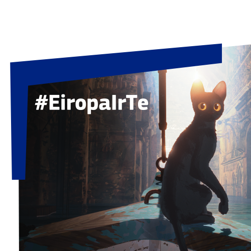 Attēls ar tēmturi "#EiropaIrTe", kas ir attēlots baltā krāsā uz tumši zilā fona. Attēla centrā redzams stilizēts melns kaķis, kas sēž uz laivas un skatās prom. Fons veidots ar mistisku, tumšu pilsētas skatu, kuras ainavā ir redzami sabrukuši ēku kontūri. Šis dizains rada noslēpumainu un pārdomātu atmosfēru, kas var simbolizēt izmaiņas un jaunas iespējas.
